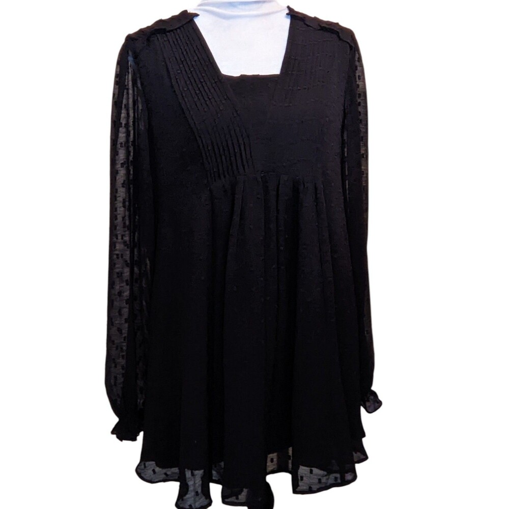 INDIGO SOUL Whimsigoth Black Babydoll Sheer Swiss Dot Ruffle Pleats Blouse Med